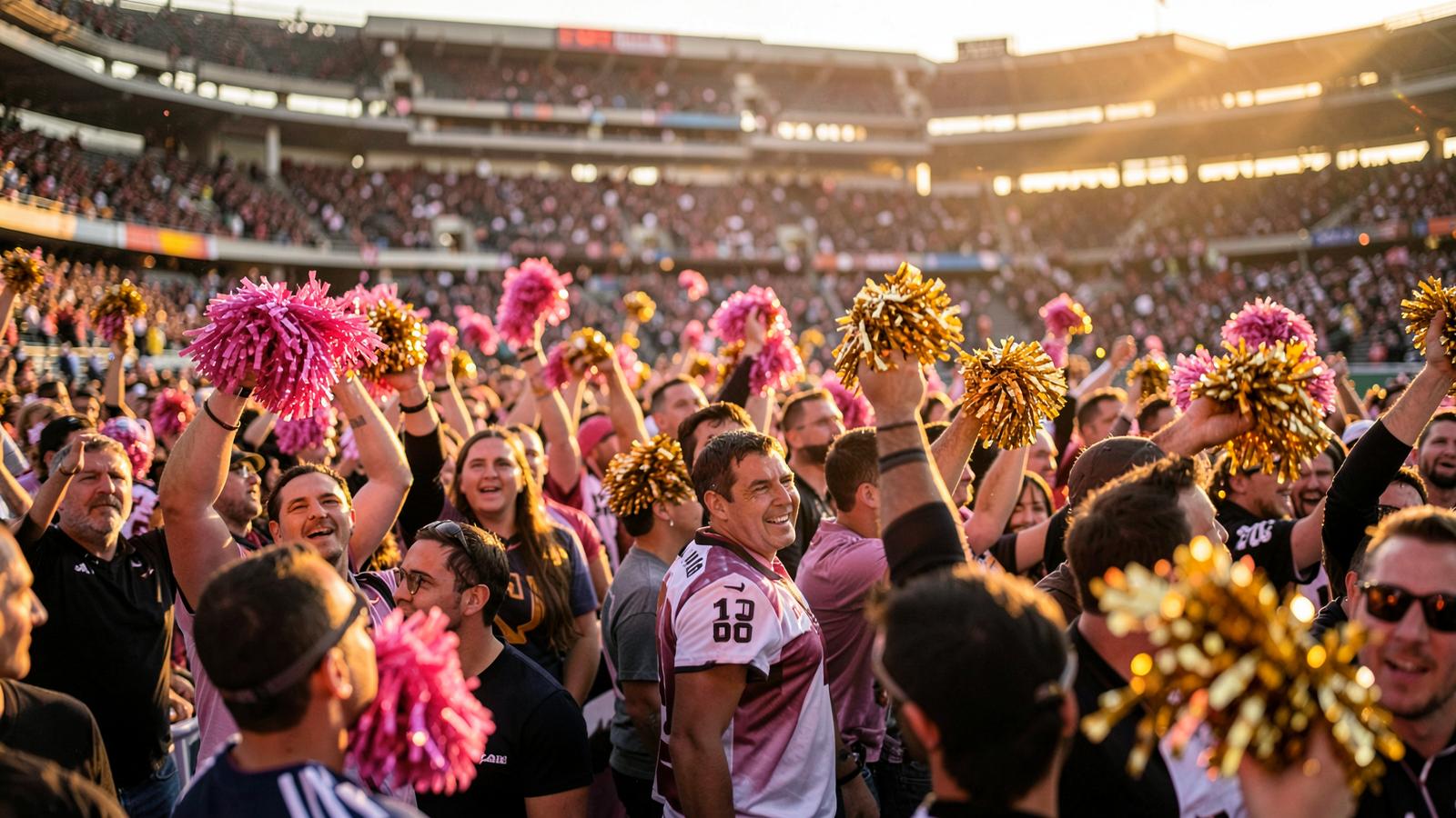 Fans cheering in pink and gold in packed stadium stands at sunset